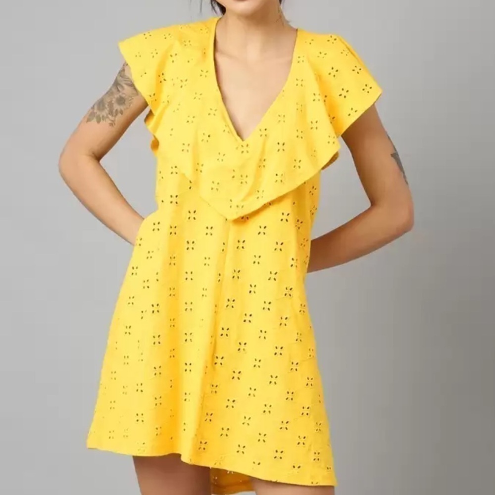 ASOS Design Bright Yellow Broderie Frill Ruffle Over Layer Summer Dress SZ 14